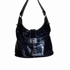 Dooney & Bourke Hobo Shoulder Bag Womens Black Croc Embossed Silver Buckle